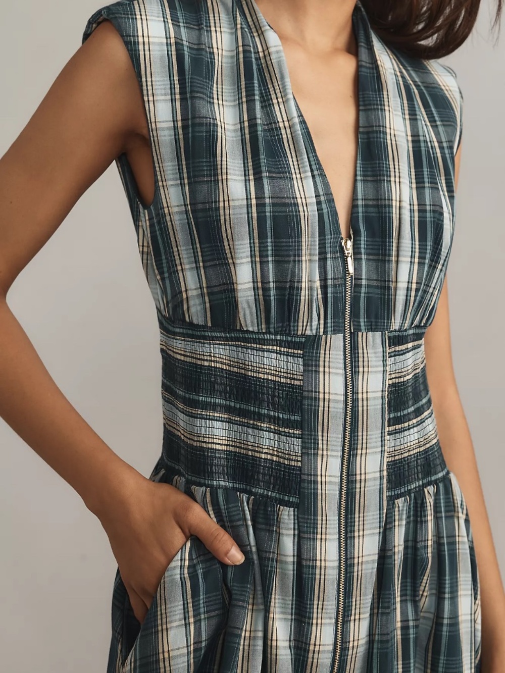 Plaid Midi Dress with Capped Sleeves - Picture 2 of 8